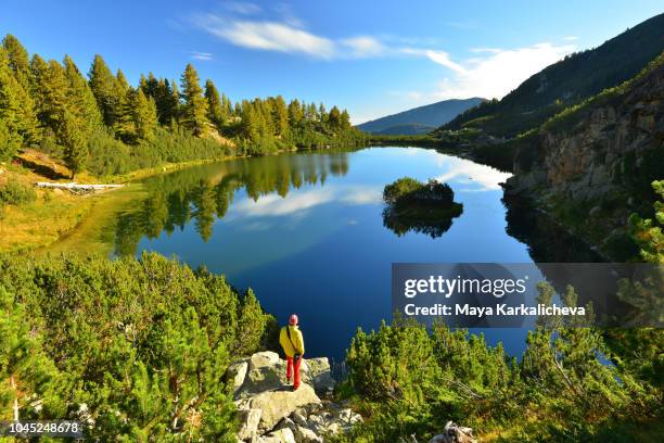 man standing on rock looking at beautiful mountain lake - bansko stockfoto's en -beelden