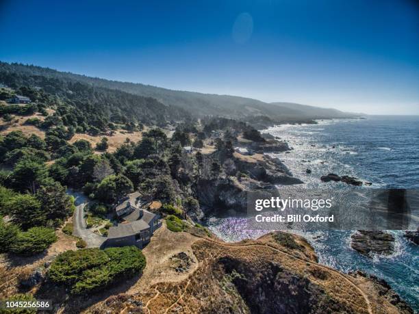 drone aerial view of house by pacific ocean in sonoma mendocino california. sea ranch - mendocino stock pictures, royalty-free photos & images