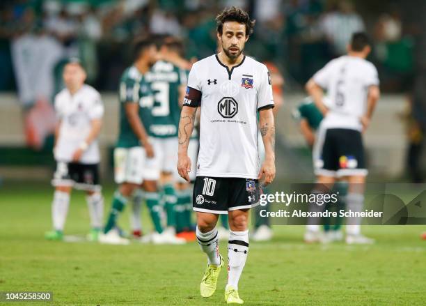 Jorge Valdivia of Colo Colo reacts after the match against Colo Colo for the Copa CONMEBOL Libertadores 2018 at Allianz Parque Stadium on October 03,...