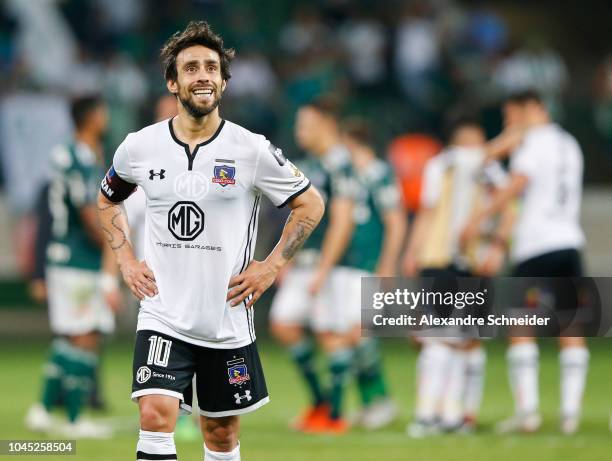 Jorge Valdivia of Colo Colo reacts after the match against Colo Colo for the Copa CONMEBOL Libertadores 2018 at Allianz Parque Stadium on October 03,...