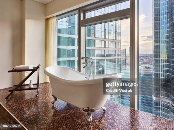 bathroom with a view of moscow-city - moscow international business center stock pictures, royalty-free photos & images