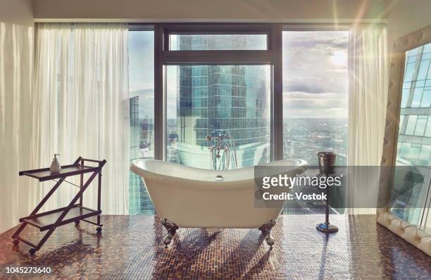 bathroom with a view of moscow-city - moscow international business center stock pictures, royalty-free photos & images