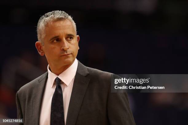 Head coach Igor Kokoskov of the Phoenix Suns reacts during the first half of the NBA game against the New Zealand Breakers at Talking Stick Resort...