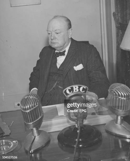 Portrait of Prime Minister Winston Churchill broadcasting to the world from Quebec City, circa August 1941.