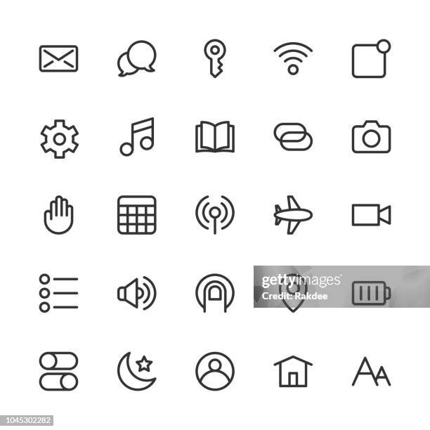 mobile device setting icons - line series - setting up camera stock illustrations