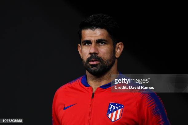 Diego Costa of Club Atletico de Madrid looks on prior to the Group A match of the UEFA Champions League between Club Atletico de Madrid and Club...