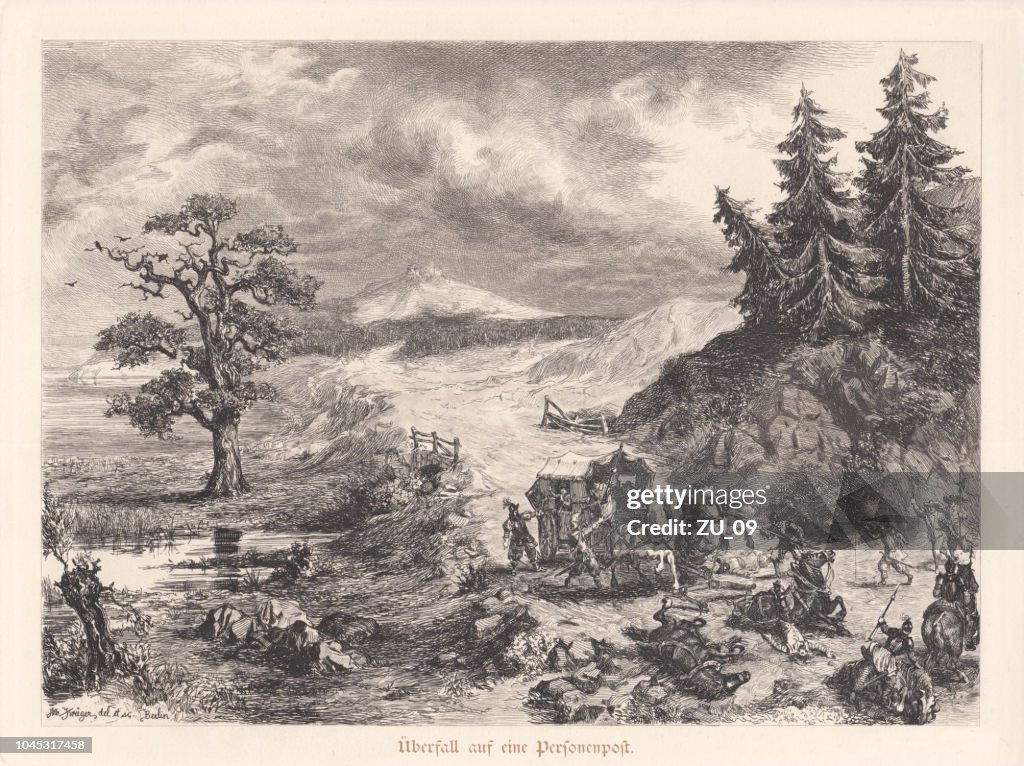Mugging on a stagecoach, 17th century, copper engraving, published 1885