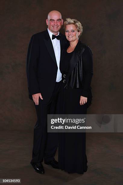 European Ryder Cup team vice-captain Thomas Bjorn poses with his wife Pernilla prior to the 2010 Ryder Cup Dinner at the Celtic Manor Resort on...