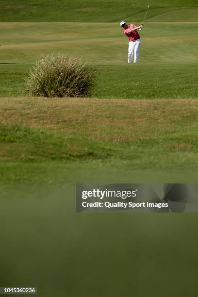George Coetzee of South Africa in action during first day of Portugal Masters 2018 at Dom Pedro Victoria Golf Course on September 20, 2018 in...