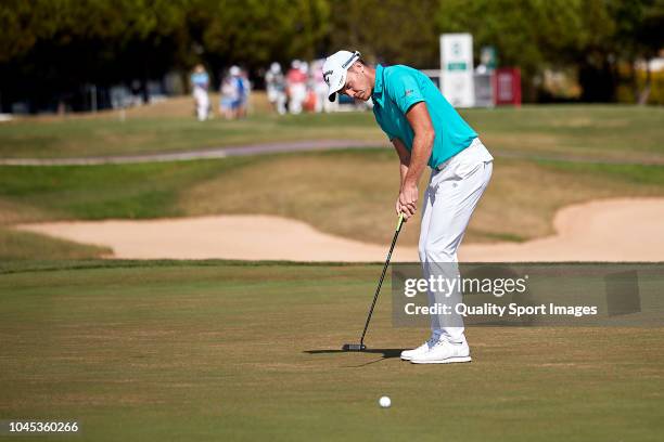 Danny Willett of England in action during first day of Portugal Masters 2018 at Dom Pedro Victoria Golf Course on September 20, 2018 in Vilamoura,...