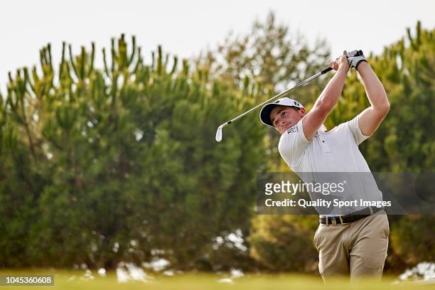 Paul Dunne of Ireland in action during first day of Portugal Masters 2018 at Dom Pedro Victoria Golf Course on September 20, 2018 in Vilamoura,...