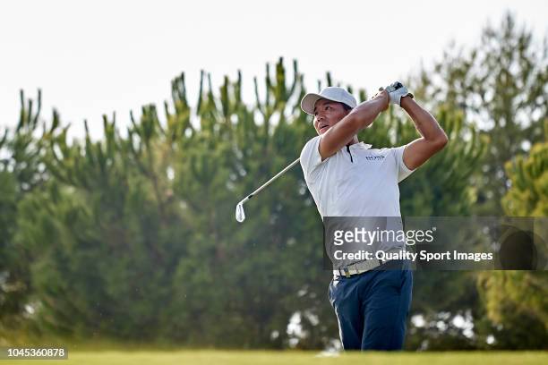 Ashun Wu of China in action during first day of Portugal Masters 2018 at Dom Pedro Victoria Golf Course on September 20, 2018 in Vilamoura, Portugal.