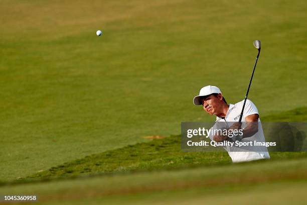 Ashun Wu of China in action during first day of Portugal Masters 2018 at Dom Pedro Victoria Golf Course on September 20, 2018 in Vilamoura, Portugal.