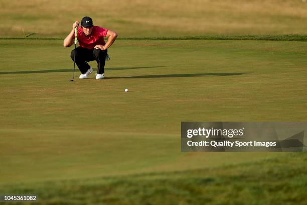 Tom Lewis of England in action during first day of Portugal Masters 2018 at Dom Pedro Victoria Golf Course on September 20, 2018 in Vilamoura,...