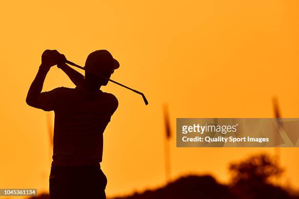 Marcus Kinhult of Sweden in action during first day of Portugal Masters 2018 at Dom Pedro Victoria Golf Course on September 20, 2018 in Vilamoura,...