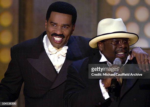 Hosts Steve Harvey and Cedric "The Entertainer" share a laugh during the 1st Annual BET Awards June 19, 2001 at the Paris Hotel and Casino in Las...