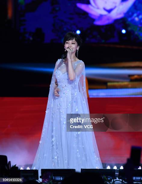 Actress Angie Chiu performs onstage during the 2018 CCTV Mid-Autumn Festival gala at Mount Ni on September 24, 2018 in Jining, Shandong Province of...