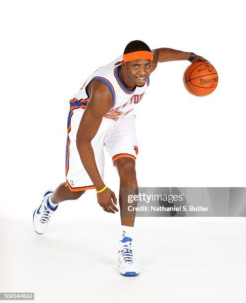 Patrick Ewing, Jr. #20 of the New York Knicks poses for a photo during Media Day on September 24, 2010 at the New York Knicks Practice Facility in...