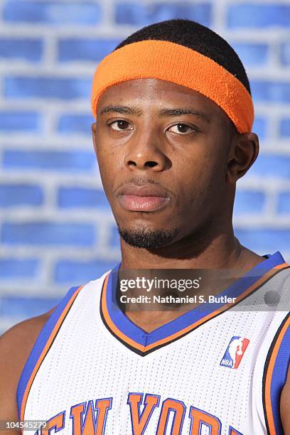 Patrick Ewing Jr. #20 of the New York Knicks poses for a photo during Media Day on September 24, 2010 at the New York Knicks Practice Facility in...