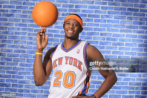 Patrick Ewing Jr. #20 of the New York Knicks poses for a photo during Media Day on September 24, 2010 at the New York Knicks Practice Facility in...