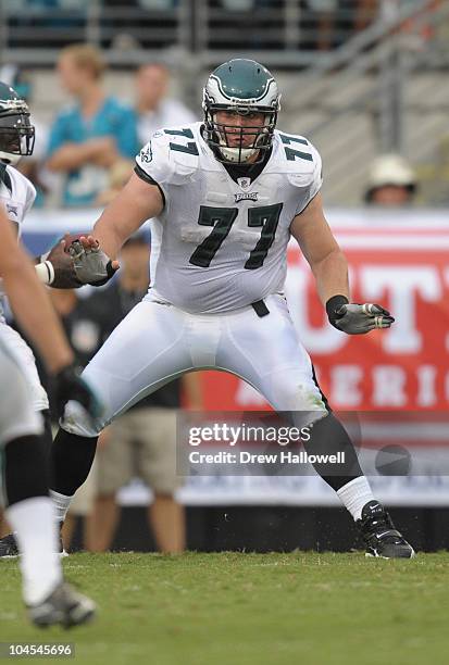 Guard Mike McGlynn of the Philadelphia Eagles blocks during the game against the Jacksonville Jaguars at EverBank Field on September 26, 2010 in...