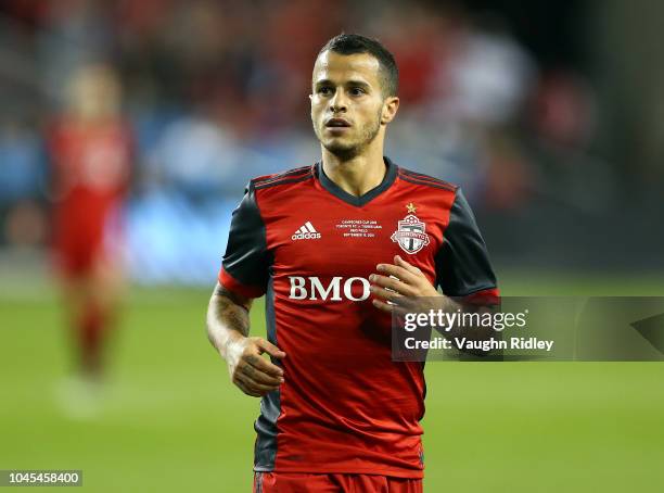 Sebastian Giovinco of Toronto FC looks on during the first half of the 2018 Campeones Cup Final against Tigres UANL at BMO Field on September 19,...