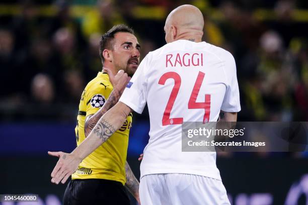 Paco Alcacer of Borussia Dortmund, Andrea Raggi of AS Monaco during the UEFA Champions League match between Borussia Dortmund v AS Monaco at the...