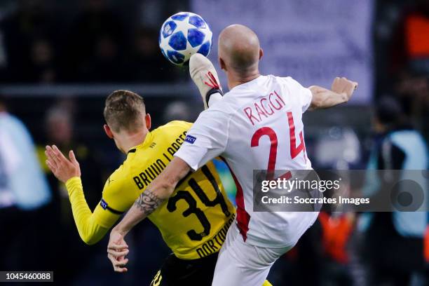 Jacob Bruun Larsen of Borussia Dortmund, Andrea Raggi of AS Monaco during the UEFA Champions League match between Borussia Dortmund v AS Monaco at...