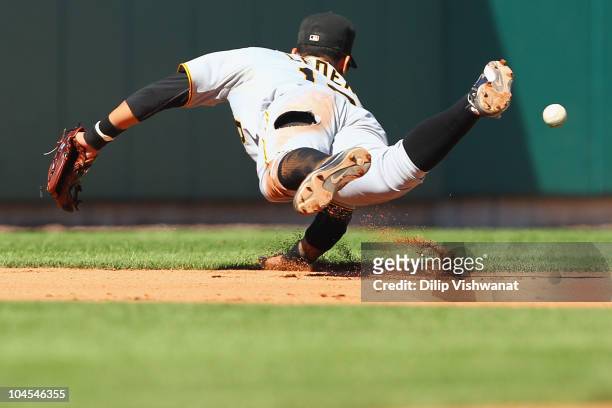 Ronny Cedeno of the Pittsburgh Pirates attempts to field a ground ball against the St. Louis Cardinals at Busch Stadium on September 29, 2010 in St....