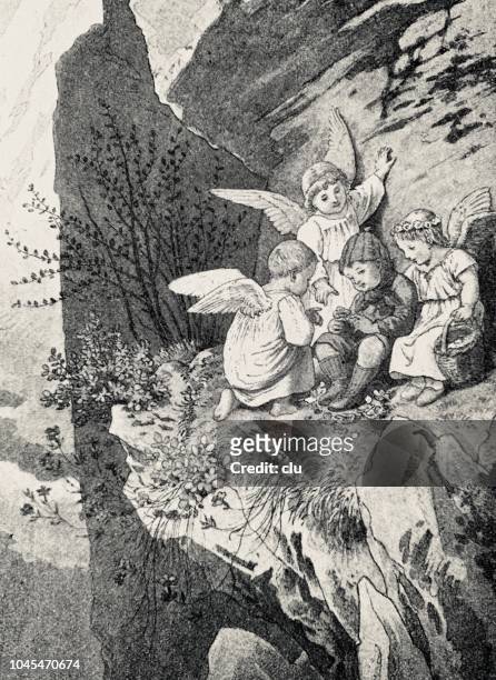 angels are protecting a child on the ledge. - lost angels stock illustrations