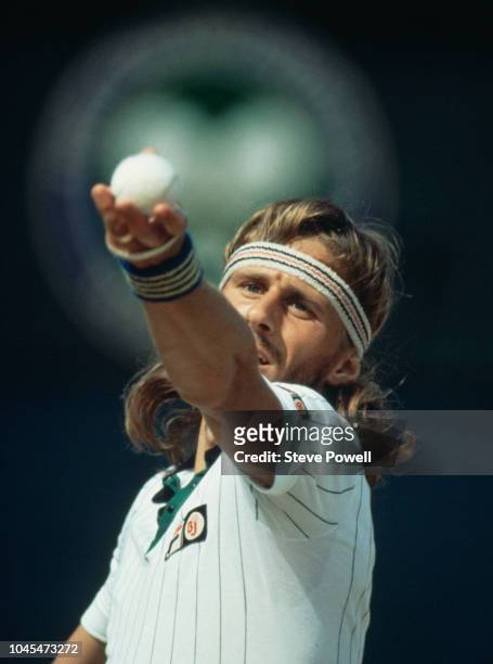 Bjorn Borg of Sweden prepares to serve against John McEnroe during their Men's Singles Final match at the Wimbledon Lawn Tennis Championship on 5th...