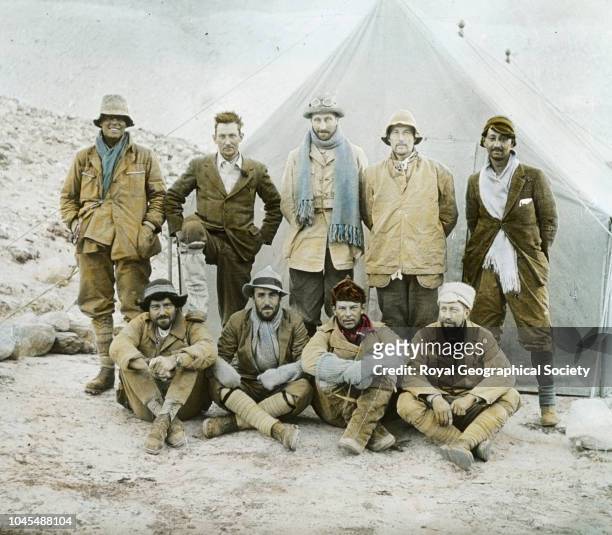 Members in camp - 1924 Mount Everest Expedition, Back row - Andrew Irvine, George Mallory, Edward Norton, Noel Odell and John Macdonald. Front row -...