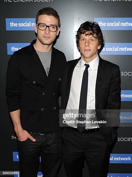 Singer/actor Justin Timberlake and actor Jesse Eisenberg attend Columbia Pictures' and The Cinema Society's screening of "The Social Network" at the...