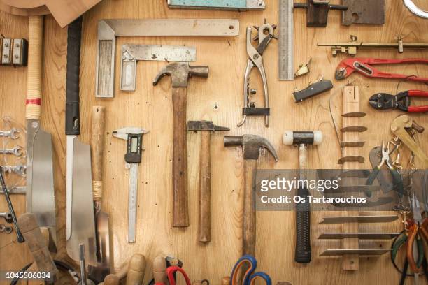 carpentry luthier tool panel - knolling tools stock pictures, royalty-free photos & images