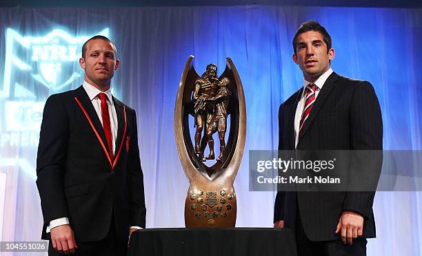 St George Illawarra captain Ben Hornby and Roosters captain Braith Anasta pose for a photo with the NRL trophy during the 2010 NRL Grand Final...