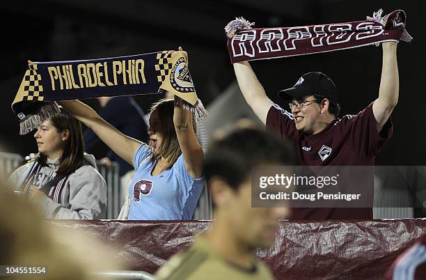 Supports of the Philadelphia Union and the Colorado Rapids dispaly their team scarves at Dick's Sporting Goods Park on September 29, 2010 in Commerce...