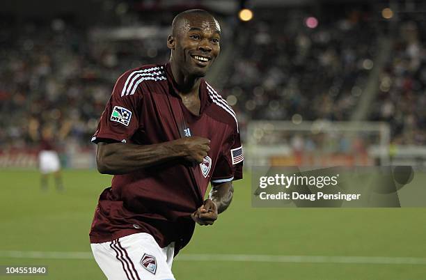 Omar Cummings of the Colorado Rapids celebrates his second goal of the game in the 15th minute against the Philadelphia Union at Dick's Sporting...