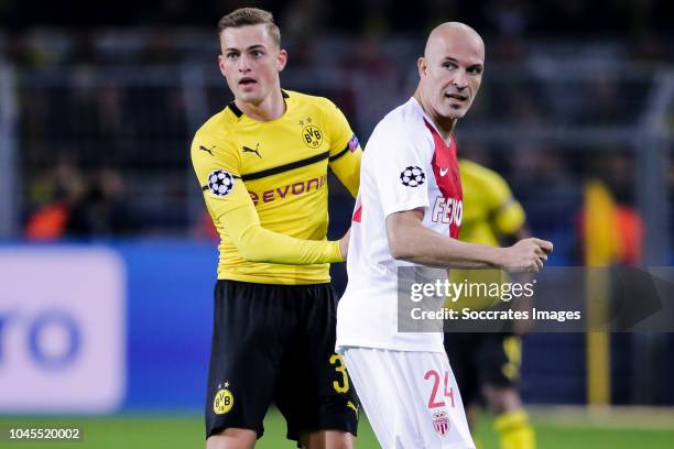 Jacob Bruun Larsen of Borussia Dortmund, Andrea Raggi of AS Monaco during the UEFA Champions League match between Borussia Dortmund v AS Monaco at...