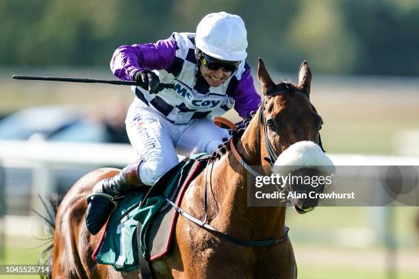 Richard Johnson riding General Custard clear the last to win The Wee Maggie Dixte 50th Birthday 'National Hunt' Novices' Hurdle at Warwick Racecourse...