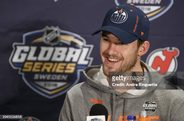 Oscar Klefbom of the Edmonton Oilers answers questions from the media at Scandinavium on October 4, 2018 in Gothenburg, Sweden.