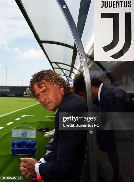 Francesco Baldini, Manager of Juventus looks on prior to the Group H match of the UEFA Youth League match between Valencia U19 and Juventus U19 at...