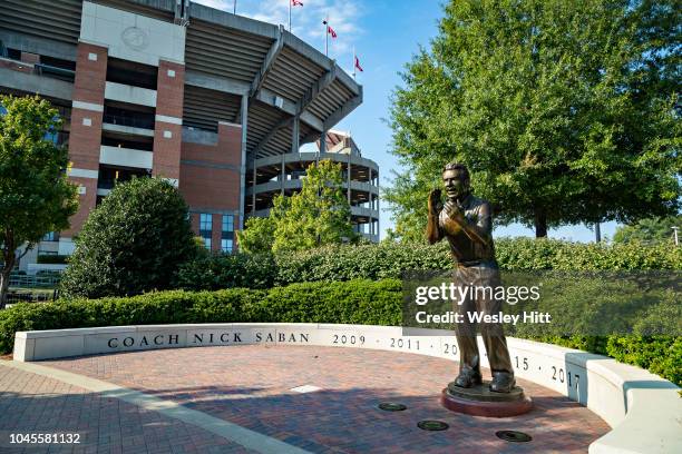 Statue of Head Coach Nick Saban on campus before a game between the Alabama Crimson Tide and the Texas A&M Aggies at Bryant-Denny Stadium on...