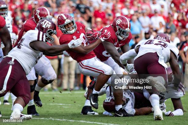 Josh Jacobs of the Alabama Crimson Tide runs the ball during a game against the Texas A&M Aggies at Bryant-Denny Stadium on September 22, 2018 in...