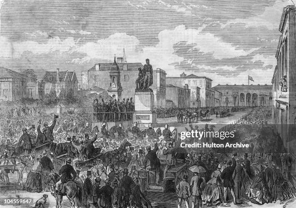 The inauguration of a statue of Robert O'Hara Burke and William John Wills on Collins Street, Melbourne, 1865. The work of Charles Summers, the...