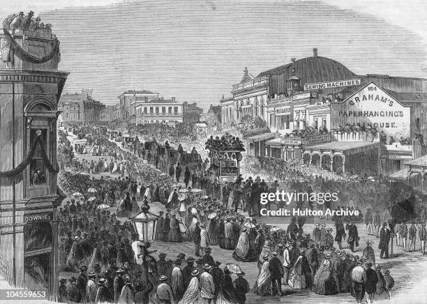 The funeral of explorers Robert O'Hara Burke and William John Wills in Melbourne, 21st January 1863. Both men died during their 1860-61 expedition...