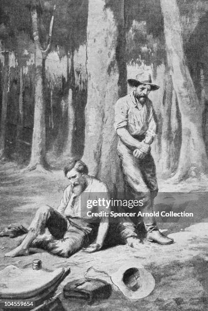 Explorers Robert O'Hara Burke and William John Wills near death during their 1860-61 expedition across Australia, 1861.