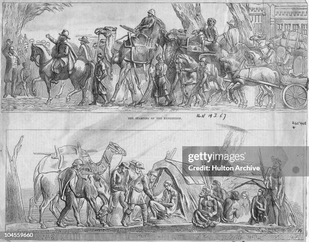Engravings of the bas-relief sculptures on the monument to explorers Robert O'Hara Burke and William John Wills in Melbourne, circa 1865. In the top...