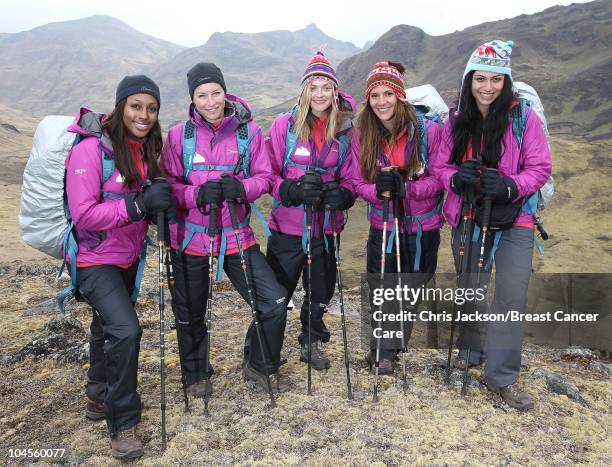 Alexandra Burke, Denise Van Outen, Fearne Cotton, Amanda Byram and Gabriella Cilmi pose during their trek in the Urubamba district on day three of...