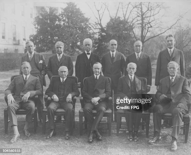 United States President Calvin Coolidge and his Cabinet: Secretary of War Dwight F. Davis , Secretary of State Frank B. Kellogg , President Calvin...