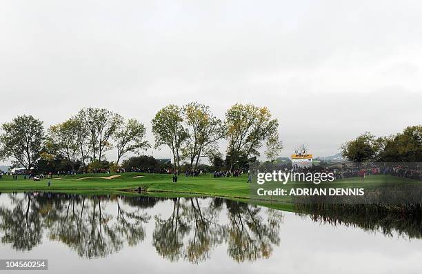 Ryder Cup golfers walk down the sixth fairway during a practice session at Celtic Manor golf course in Newport, Wales on September 30, 2010. The 2010...